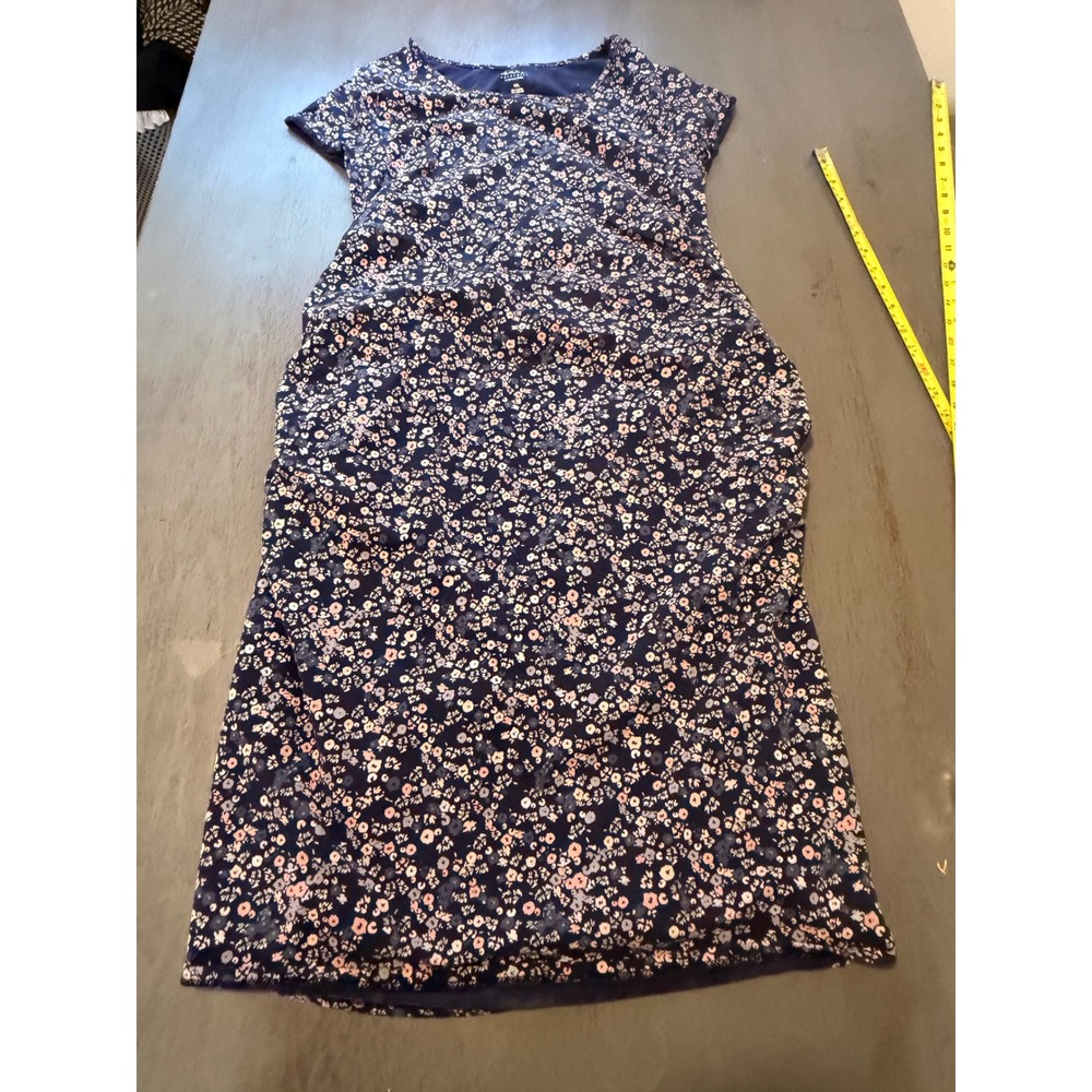 Isabel Maternity Navy Blue Floral Side Ruched Short Sleeve Midi Dress XXL